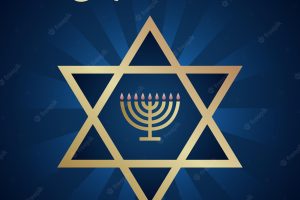 Celebration card with golden text happy hanukkah, chandelier with nine candles and star of david