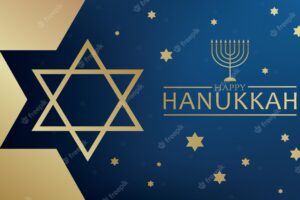 Celebration illustration with golden text happy hanukkah, chandelier and star of david
