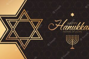 Celebration illustration with golden text happy hanukkah, chandelier and star of david