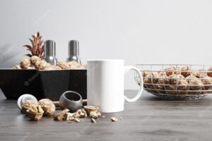 Ceramic mug with raw nuts and bowls