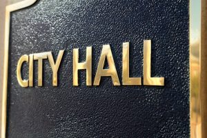 City hall sign close up