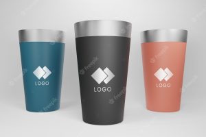 Close up on steel corporative cups mockup