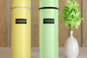 Close up on tumbler mockup with plant vase