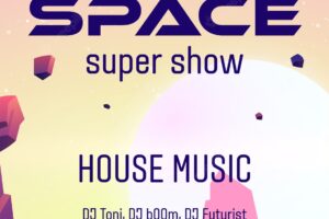 Club party with space music show flyer. vector template of poster with cartoon futuristic illustration of sunrise on alien planet. night club concert with house, techno, trance or electronic music