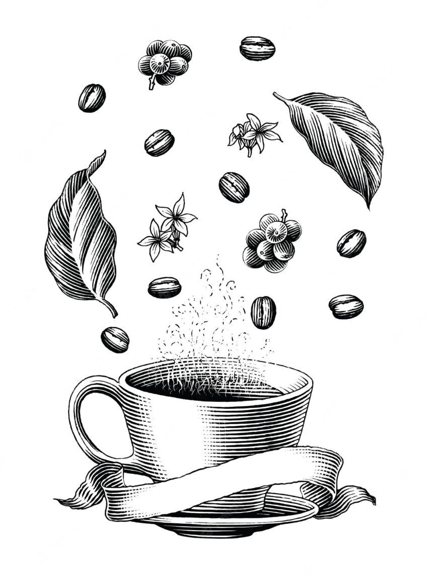 Coffee cup logo hand drawing engraving style clip art