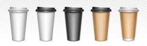 Coffee cups with closed lids, packaging. blank plastic or paper mugs for hot drinks, street take away cafe utensil for beverages.