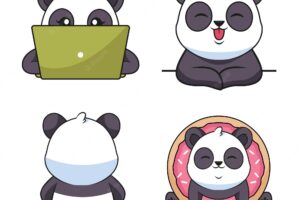Collection of cartoon handdrawn pandas using laptop smiling sitting back holding donut
