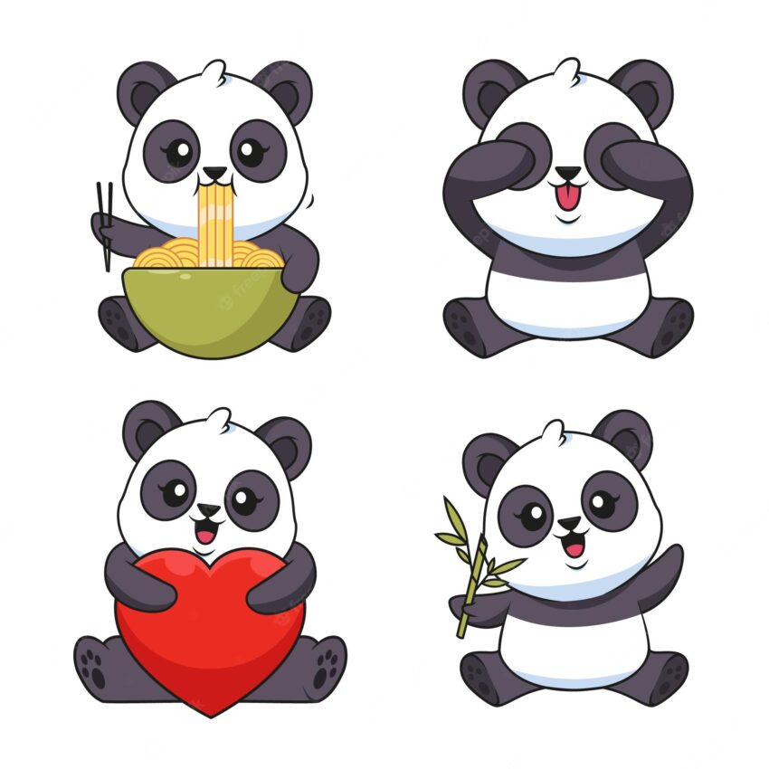 Collection of handdrawn baby pandas eating noodles playing pickaboo holding heart and twig