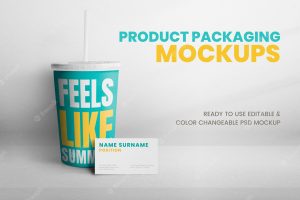 Colorful disposable cup mockup psd packaging design