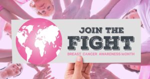 Composition of pink globe logo and breast cancer text, with diverse group of smiling women