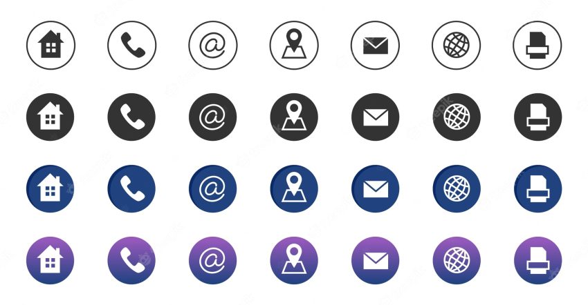 Contact icons. information business communication symbols collection. call internet location, address, mail and fax icons. phone icons, internet address, email contact illustration