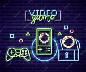 Control, console, cooins and objects, video game neon linear style