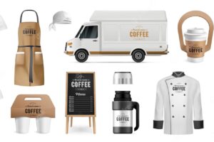 Corporate identity mockup for coffee shop realistic set with cups van bottle uniform isolated vector illustration