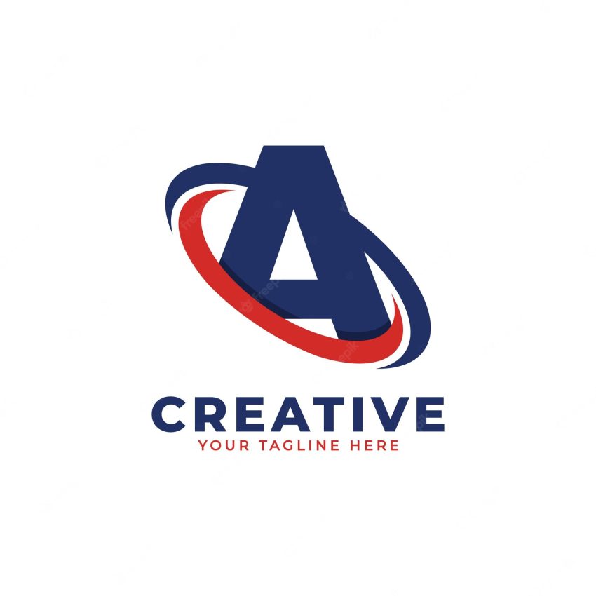 Corporation letter a logo with creative circle swoosh orbit icon vector in blue and red color