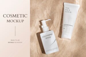 Cosmetic bottle mockup psd, product packaging for beauty and skincare set