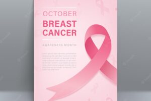 Creative pastel pink breast cancer awareness background with ribbon in a4 brochure proportion