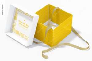 Cube gift box with ribbon mockup, interior view