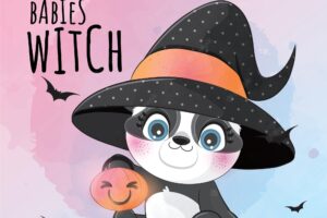 Cute animal little panda with witch hat halloween illustration - cute animal watercolor panda