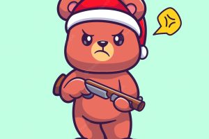 Cute bear holding gun pistol cartoon vector icon illustration. animal fashion icon concept isolated