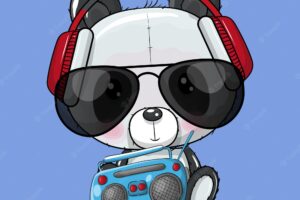 Cute cartoon panda listening music vector illustration
