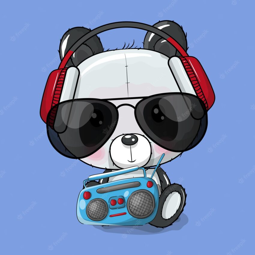 Cute cartoon panda listening music vector illustration