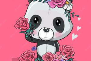 Cute cartoon panda with flowers vector illustration