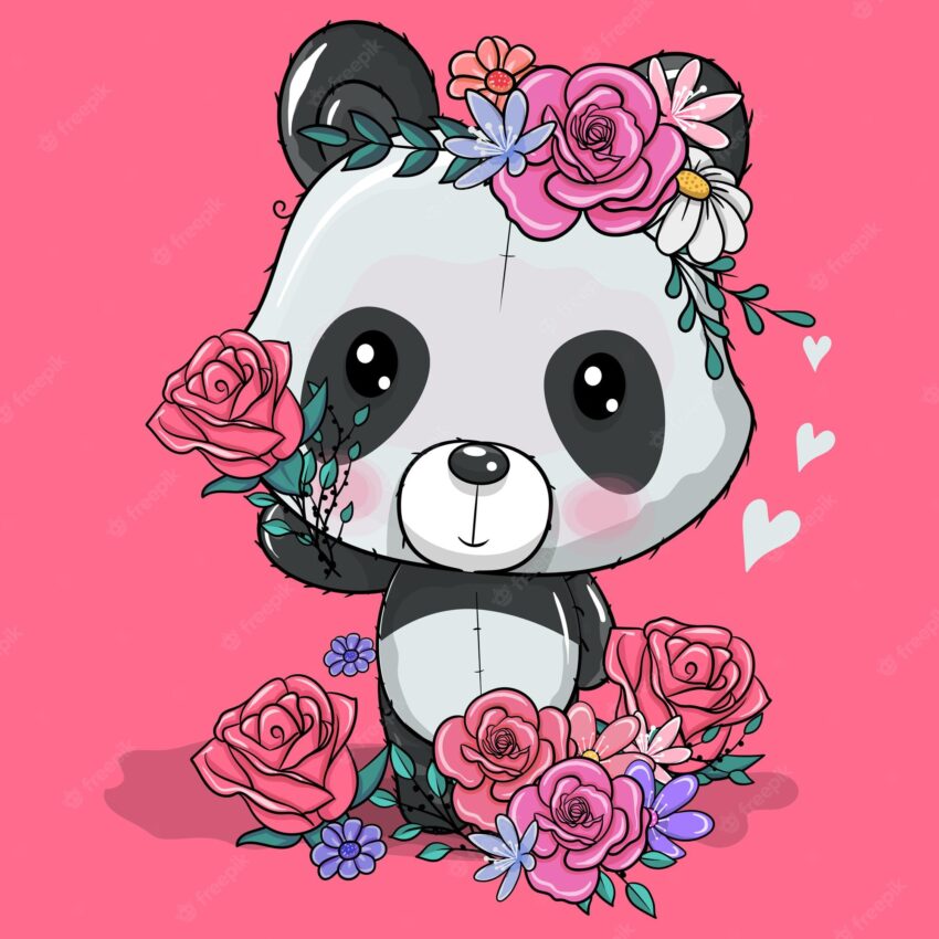 Cute cartoon panda with flowers vector illustration