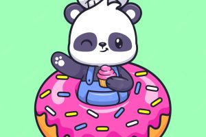 Cute chef panda with donut holding cake cartoon vector icon illustration animal food icon isolated
