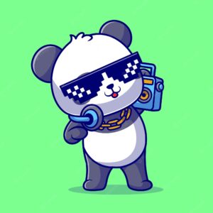 Cute cool panda listening music with boombox and headphone cartoon vector icon illustration animal