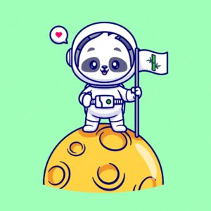 Cute panda astronaut holding flag bamboo on moon cartoon vector icon illustration. animal science