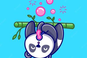Cute panda blowing bubble on bamboo tree cartoon vector icon illustration animal nature isolated