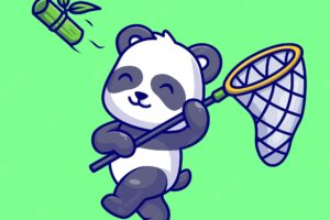 Cute panda catching bamboo with fishing net cartoon vector icon illustration. animal nature isolated