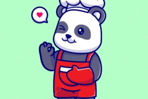 Cute panda chef wearing apron cartoon vector icon illustration. animal food icon concept isolated