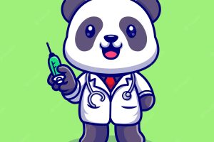 Cute panda doctor with syringe cartoon vector icon illustration. animal health icon concept isolated premium vector. flat cartoon style