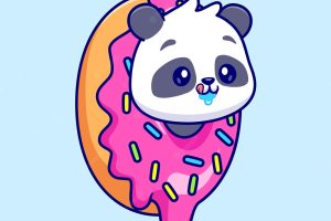 Cute panda in the donut cartoon vector icon illustration. animal food icon concept isolated flat