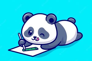 Cute panda drawing bamboo on paper cartoon vector icon illustration animal education icon isolated