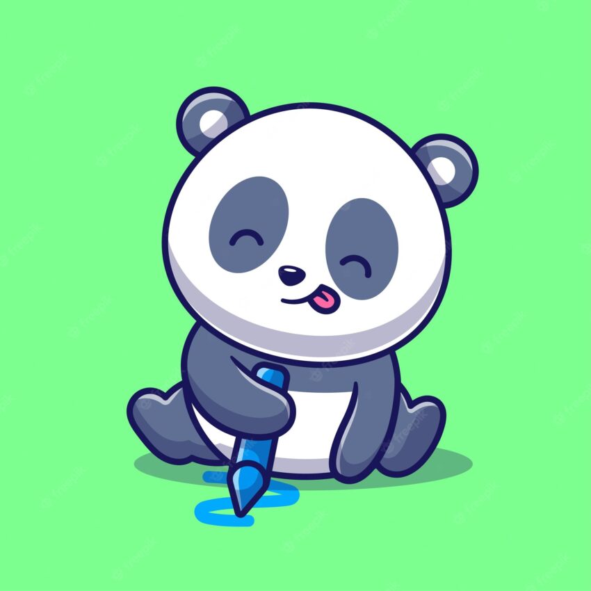 Cute panda drawing with crayon cartoon vector icon illustration animal nature icon concept isolated