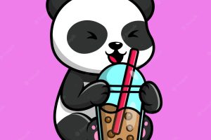 Cute panda drink boba milk tea cartoon vector icons illustration