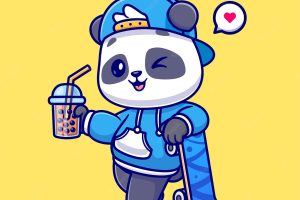 Cute panda drink boba milk tea with skateboard cartoon vector icon illustration animal drink icon