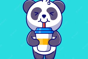 Cute panda drink coffee cartoon icon illustration.