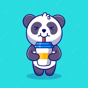 Cute panda drink coffee cartoon icon illustration.