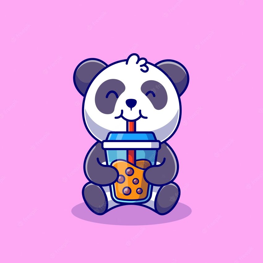 Cute panda drinking boba milk tea cartoon   icon illustration animal food icon concept isolated    . flat cartoon style
