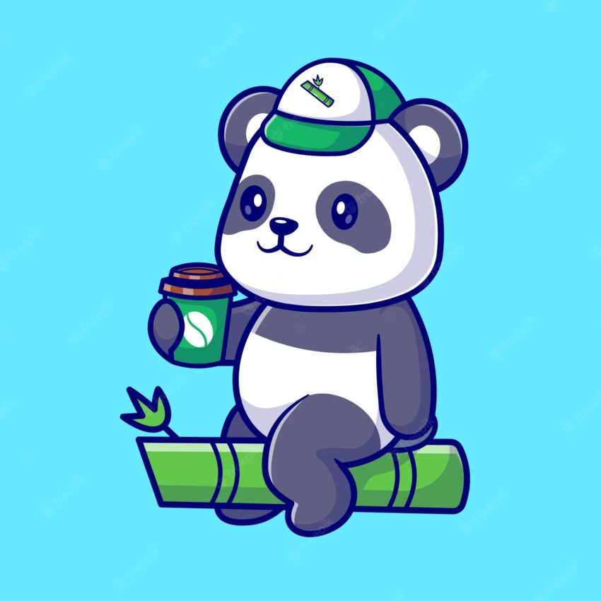 Cute panda drinking coffee on bamboo tree cartoon vector icon illustration. animal drink isolated