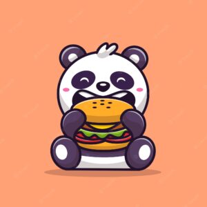 Cute panda eating burger cartoon vector  illustration. animal food  concept isolated  vector. flat cartoon style