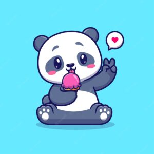 Cute panda eating ice cream cartoon vector icon illustration. animal food icon concept isolated premium vector. flat cartoon style