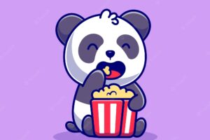 Cute panda eating popcorn cartoon   icon illustration. animal food icon concept isolated    . flat cartoon style