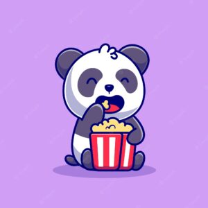 Cute panda eating popcorn cartoon   icon illustration. animal food icon concept isolated    . flat cartoon style