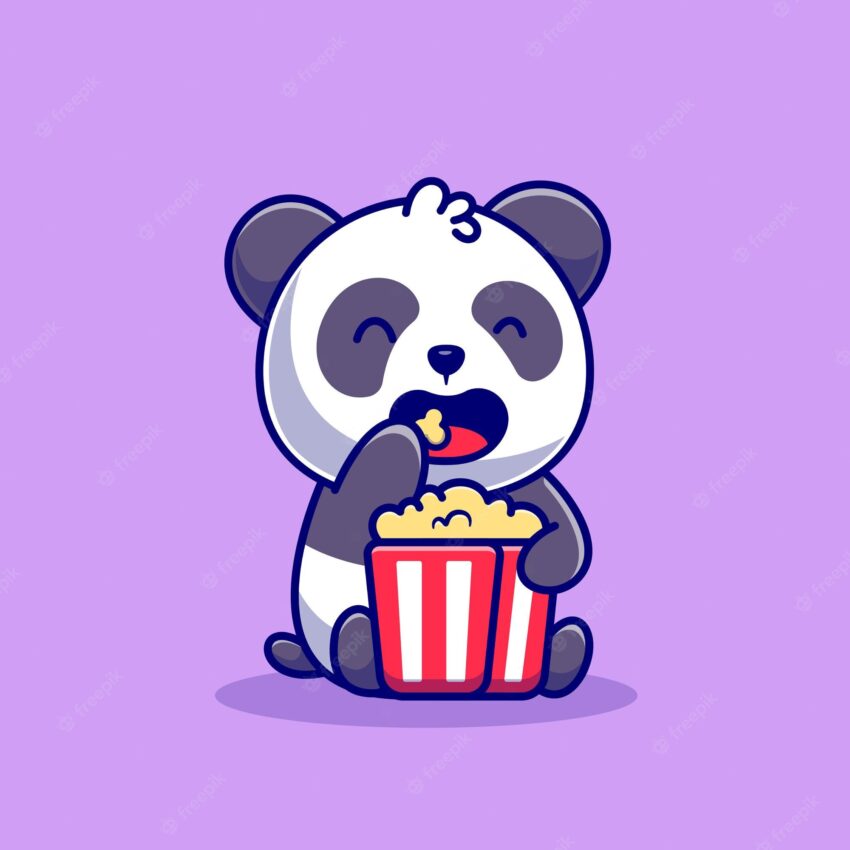 Cute panda eating popcorn cartoon   icon illustration. animal food icon concept isolated    . flat cartoon style