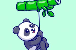 Cute panda flying with bamboo balloon cartoon vector icon illustration. animal nature isolated flat