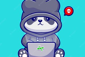 Cute panda hacker operating laptop cartoon vector icon illustration. animal technology icon isolated